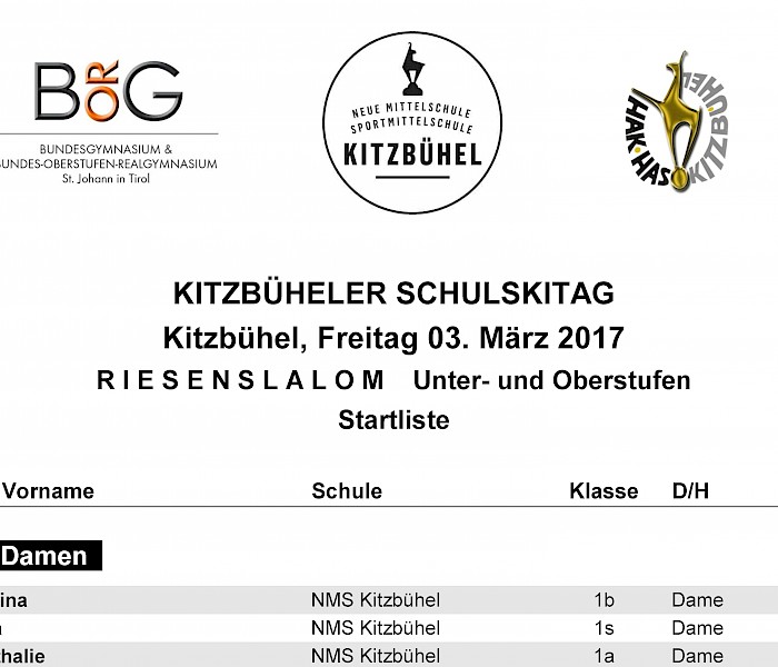 Kitzbüheler Schulskitag: Startliste Unter- und Oberstufen - 